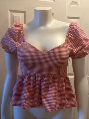 SHEIN Red Gingham Peplum Blouse with Puff Sleeves